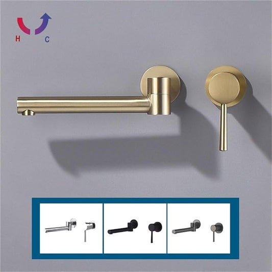 Faucet Brass Wall-Mounted Basin Faucet Sink Brushed Gold Single Handle Hot and Cold Water Recessed Bathroom Rotatable(Matt Black) Faucet