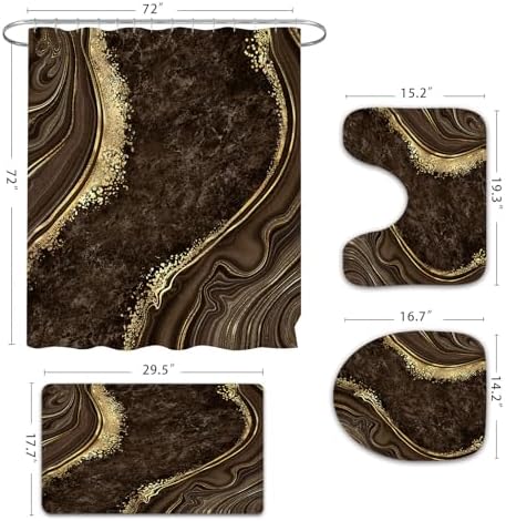 Gibelle 4 Pcs Luxury Marble Shower Curtain Set with Non-Slip Rugs, Toilet Lid Cover and Bath Mat, Gold Foil Brown Bathroom Decor Set with Shower Curtain and Rugs and Accessories