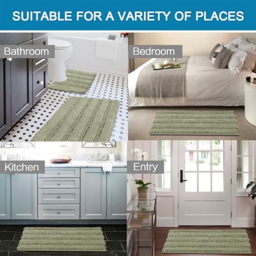 H.VERSAILTEX Bathroom Rug Sets 2 Piece Bath Mats Non Slip Thick Soft Chenille Striped Bath Rug achine Washable Shower Floor Rugs for Tub, Shower and Floor (Eucalyptus Green, 47"x17" Plus 20"x20" U)