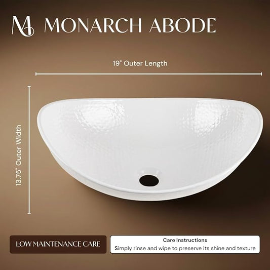 Monarch Abode Bathroom Sink – 19-Inch Harbor Vessel Bathrooms Countertop Sink, Bathroom Vessel Sinks, Above Counter Hand Hammered Classic White Aluminum Bath Sinks for Restroom Vanity or Powder Room