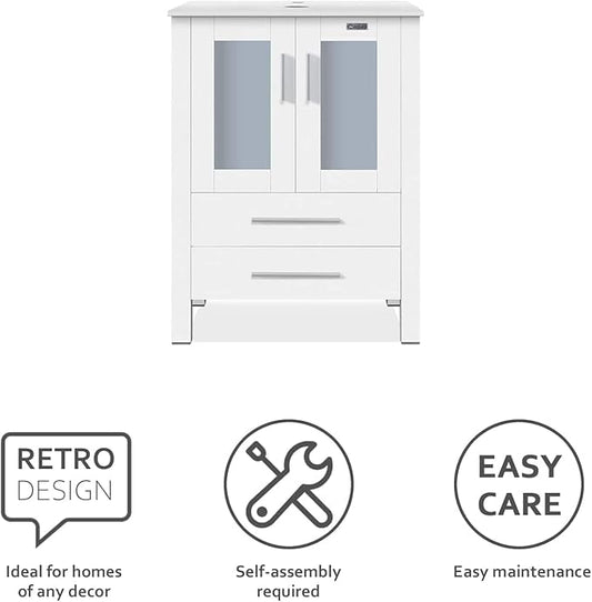 eclife 84" Modern Bathroom Vanity Sink Combo Freestanding Cabinet with Small Side Cabinet, White Boat Ceramic Vessel Sink, Water Save Faucet, Drain (White+T44)
