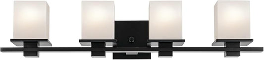 Kichler Tully 32" 4-Light Vanity Light with Satin Etched Cased Opal Glass in Black for Over a Vanity, Soft Modern Style, (32" x 6.5" x 7"), 45152BK