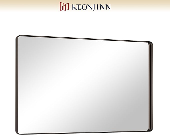 Keonjinn 48 x 30 Inch Black Bathroom Mirrors for Over Sink, Tempered Glass | Sandblasted Finish, Matte Black Vanity Mirror, Anti-Rust, Seamless Aluminum Frame, Rounded Rectangle, French Cleat Mount