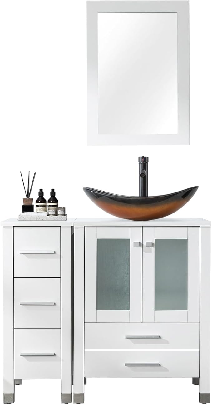 LUCKWIND 36" Bathroom Vanity with Sink Combo, 24-inch Main Cabinet with 12.6-inch Side Cabinet, Painted Bathroom Storage Cabinet with 5 Drawers, Including Brown Boat Sink Without Mirror, White