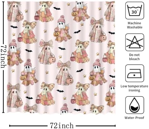 MEHOFOND Halloween Pink Patchwork Ghost Shower Curtain Pumpkin Bath Decor