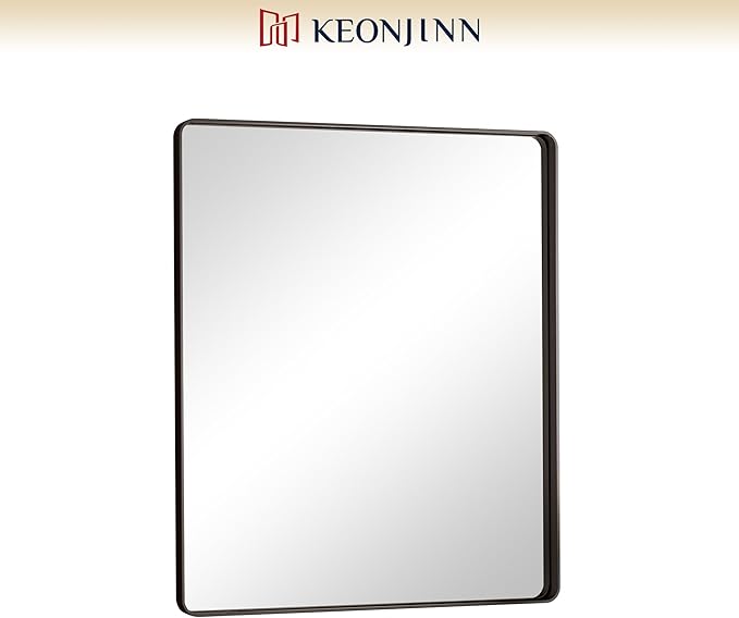 Keonjinn 30 x 36 Inch Black Bathroom Mirror, Tempered Glass Vanity Mirror | Sandblasted Finish, Matte Black Mirror, Anti-Rust, Seamless Aluminum Frame, Rounded Rectangle, French Cleat Mount, Home Décor