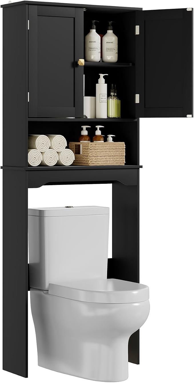 RRX Over The Toilet Storage Cabinet, Bathroom Above Organizer (Black) | Free Standing Toilet Rack with Adjustable Shelf and Open Storage, Double Doors, Space Saver,24.8" L x 9.1 "W x 65.7 "H