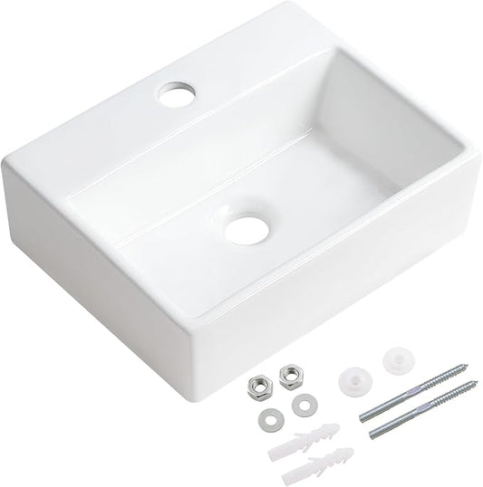 Small Vessel Sink 15"x12" Wall Mount Bathroom Sink Rectangular White Porcelain Ceramic Mini Floating Tiny Bathroom Wall Mounted RV Sink