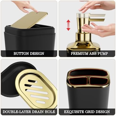 XLHOMO Bathroom Accessories Set - 25PC Bathroom Set with Shower Curtain and Rugs, Black Bathroom Set, Bathroom Accessory Set with Press-on Lid Trash Can, Soap Dispenser and Qtip Holders