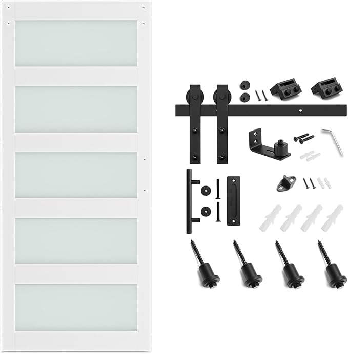 SMARTSTANDARD 38 x 84 in Glass Barn Door with 6.6FT Sliding Hardware Kit | Pre-Drilled Ready to Assemble, Waterproof PVC Coating, White, 5-Panel Glass