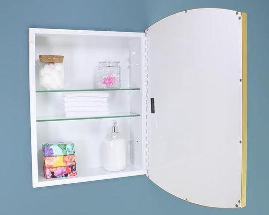 Fox Hollow Furnishings 16x20 Harper Crescent Metal Framed Rectangle Recessed Bathroom Medicine Cabinet, Arced Mirror, 14x18 in-Wall Opening, Adjustable Glass Shelves, Magnet Close, Gold