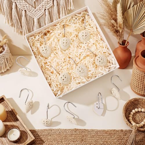 Thyle 12 Pcs Boho Shower Curtain Hooks, Bohemian Tassel Ornament Rings Shower Curtain Hooks Holiday Decorative for Bathroom Accessories