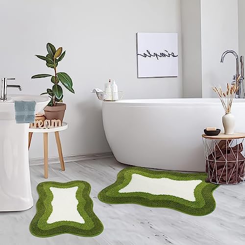 HAOCOO Green Bath Rug 20x31 inch, Soft Non Slip Gradient Irregular Shape Rug for Bathroom Decor, Microfiber Absorbent Washable Shower Rug Tub Shower