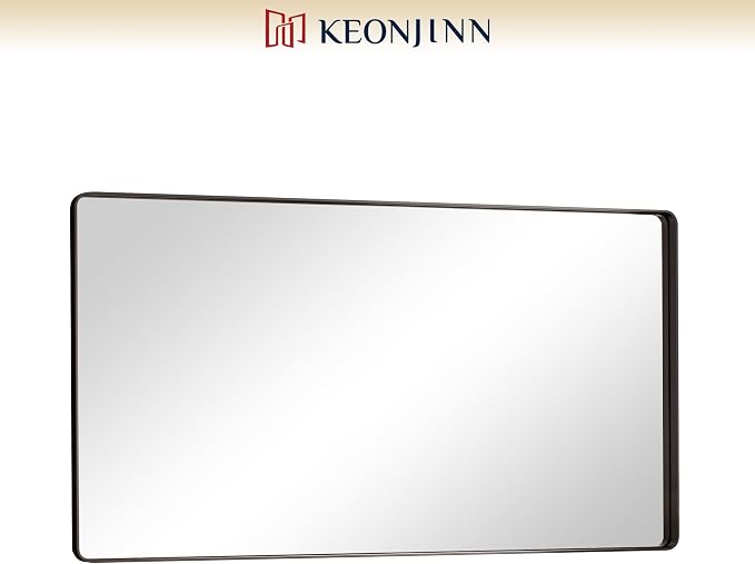 Keonjinn 55 x 30 Inch Black Bathroom Mirror, Tempered Glass Vanity Mirror | Sandblasted Finish, Matte Black Mirror, Anti-Rust, Seamless Aluminum Frame, Rounded Rectangle, French Cleat Mount, Home Décor