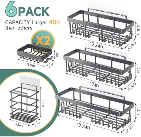 Veken Rustproof & Waterproof Shower Caddy 6-Pack, No Drilling Adhesive Shelves Rack with Soap Holder, Large Capacity Bathroom Organizers and Storage, Wall-Mounted Kitchen & Home Decor, Dark Grey