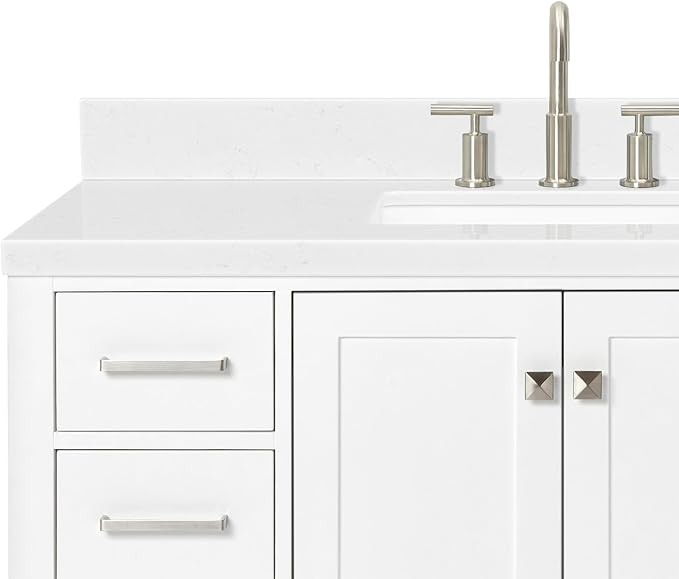 DKB Beckford 48-Inch Bathroom Vanity with Sink — White Single Sink Bathroom Vanity, 1.5" Edge Carrara White Quartz Countertop, Solid Wood, 2 Soft-Close Doors, 9 Dovetail Drawers