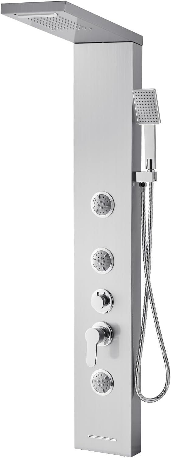 VEVOR Shower Panel Tower System with Rainfall Waterfall Shower Head, 53 in Brushed Stainless Steel Shower Column, 5-Function Faucet, Wall-Mount Rain Massage System with 3 Body Jet, Handheld, Tub Spout