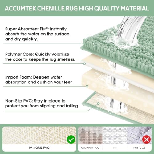 ACCUMTEK Upgrade Luxury 2 Piece Sage Green Toilet Bathroom Rug Mat 48"x20"+24"x17", Ultra Soft Thick Absorbent Bath Mats, Non Slip Chenille Toilet Mat for Bathroom, Bedroom, Kitchen, Shower, Tub