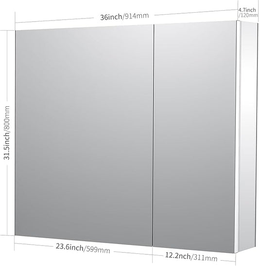 Sunrosa Medicine Cabinet with Mirror, 36" W x 31.5" H, 2 Asymmetrical Doors, Wall-Mounted & Recessed Bathroom Medicine Cabinet with Tempered Glass Mirror