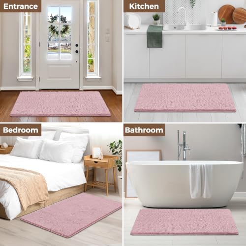 Bcoimo Bath Rug Mat,48x30 Chenille Non Slip Pink Long Bathroom Runner Rugs