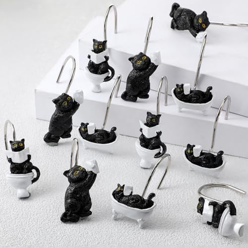 Roowest 12 Pcs Black Cat Shower Curtain Hooks, Stainless Steel Farmhouse