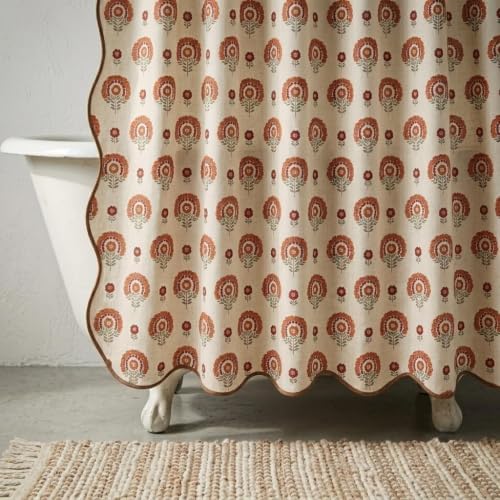 Boomkin Block Print Scalloped Shower Curtain Set with 12 Hooks