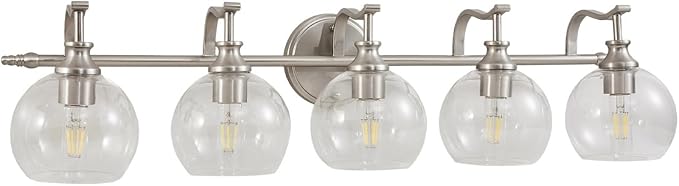 5-Light Brushed Nickel Bathroom Light Fixture, 35" Large Wall Sconce, Glass Globe Design, Perfect for Large Bathrooms, Double Vanities, Elegant Linear Design