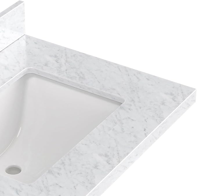 ARIEL Monroe 72-inch Bathroom Vanity with Sink,Solid Wood, 1.5-inch Italian Carrara Marble Countertop & Backsplash, Double Oval Porcelain Sink, 9 Dovetail Drawers, Matte Black, White Oak