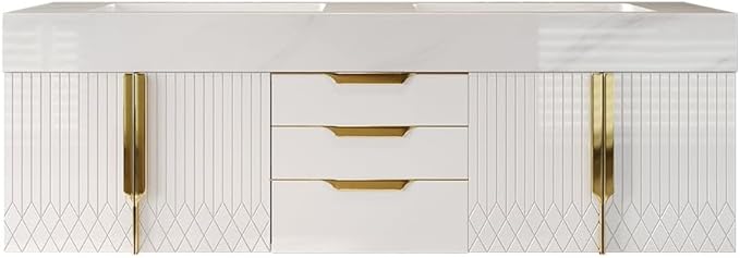 KunMai 59" White Floating Bathroom Vanity with Faux Marble Top, Double Ceramic Vessel Sinks, Wall-Mounted Design, 3 Drawers for Storage, Modern Bathroom Cabinet with Gold Hardware Finish