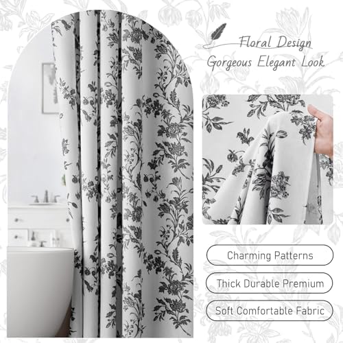 Black and White Floral Shower Curtain,Vintage Cotton Cottagecore Gray Shower Curtains for Bathroom, 72" W x 78" L
