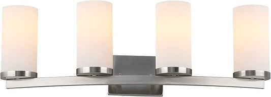 Design House Desta Vanity Light, 4-Light, Curved Bar Design, Frosted Glass Glow, Dimmable, Up/Down Mountable, E26 Socket, Satin Nickel, 30.0 in L x 6.6 in W x 9.5 in H, 589168-SN