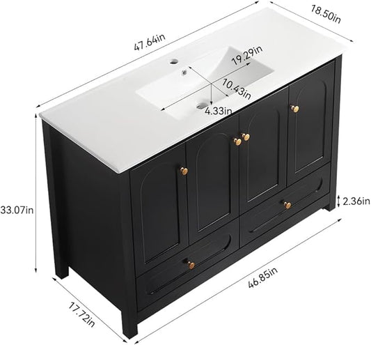 LZ LEISURE ZONE 48" Bathroom Vanity with Ceramic Sink Combo, Abundant Cabinet -4 Soft Close Doors and 2 Drawers, Black