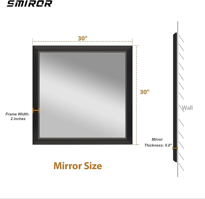 SMIROR 30x30 Matte Black Bathroom Vanity Mirror for Over Sink | Metal Wide Frame, Rectangle, Right- Angle Corner, Anti-Rust, Horizontally or Vertically Wall- Mounted for Home Remodel