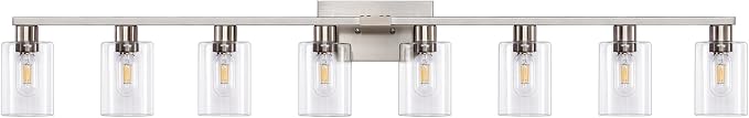 8-Light Brushed Nickel Vanity Light Fixtures,Modern Large Bathroom Light Fixtures Wiht Clear Glass ShadeRust and Moisture Resistant Easy to Install Vanity Lights for bathroom lights over mirror