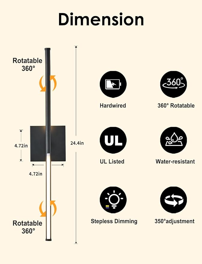 24.4 Inch Hardwired Wall Sconces Set of Two, 3000K Warm White Dimmable Modern Wall Sconces, 350° Rotate LED Light Fixtures Wall Lamp for Bathroom Living Room Bedroom Bedside, Black