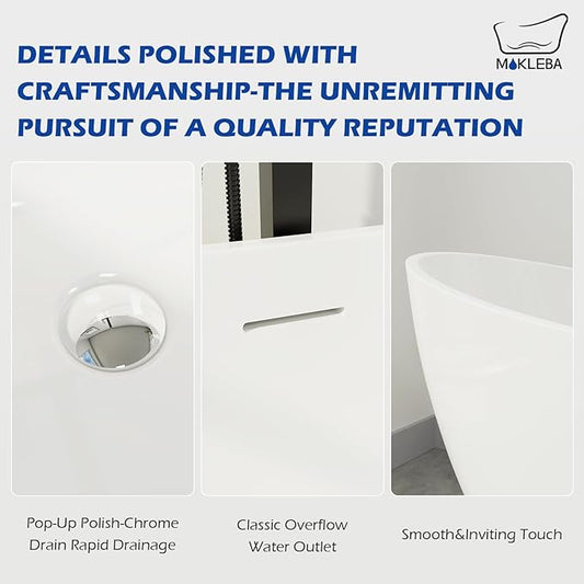 62" Lucite Acrylic Freestanding Bathtub, Double Slipper Shape Contemporary Soaking Tub with Toe-tap Chrome Drain, Slotted Overflow, cUPC Certified, Glossy White