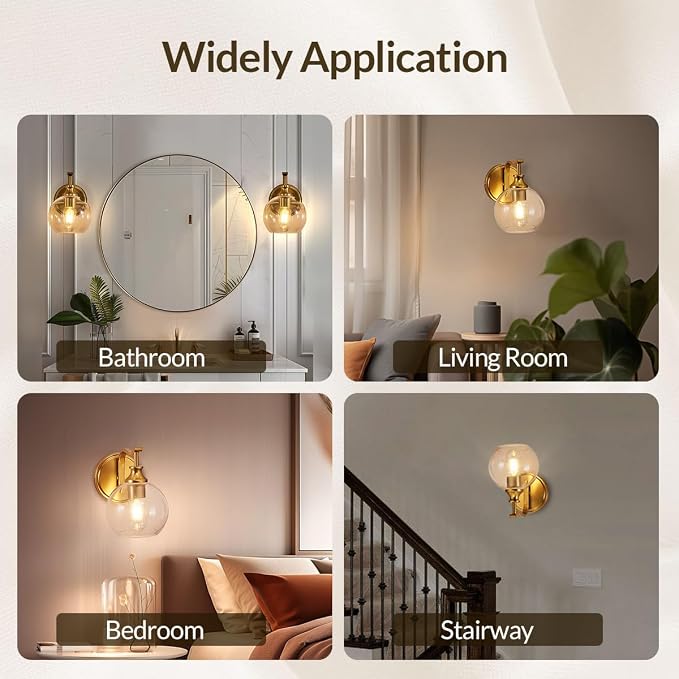 Brushed Gold Bathroom Light Fixtures, Brass Vanity Lights for Mirror, 1-Light Bathroom Wall Sconces Lighting with Globe Clear Shade Up or Down Wall Mounted for Kitchen, Living Room, Hallway