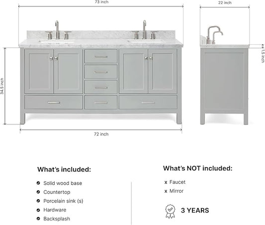 DKB Beckford 72 Inch Bathroom Vanity Double Sink — Grey Bathroom Vanity with Sink, 1.5" Edge Italian Carrara Marble Countertop & Backsplash, 4 Soft-Close Doors, 6 Dovetail Drawers