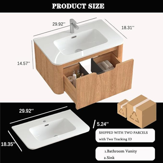 30'' Floating Bathroom Vanity with Sink, Wall Mounted Modern Bathroom Cabinet W/Curved Edges Stripes, Oak & Plywood, Pre-Assembled with Integrated Ceramic Basin – Havana, Natural Oak