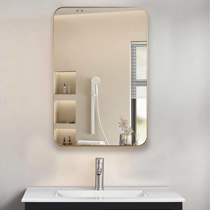 16" x 26" Bathroom Medicine Cabinet with Mirror Door, Brush Gold Stainless Steel Frame, Recessed or Surface Mounted,Storage Cabinet with Adjustable Metal Shelves,Upgraded Version