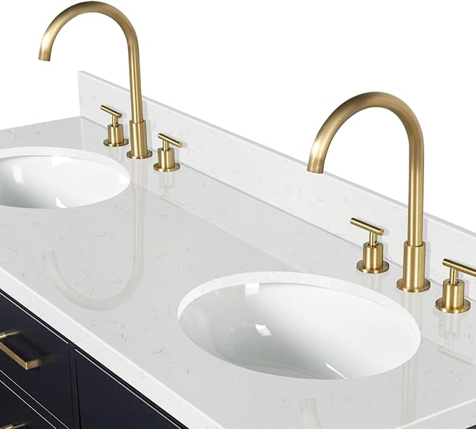 ARIEL Hepburn 66-inch Bathroom Vanity with Sink,Solid Wood, 1.5-inch Carrara White Quartz Countertop & Backsplash, Double Oval Porcelain Sink, 4 Soft Closing Doors, 6 Dovetail Drawers, Black