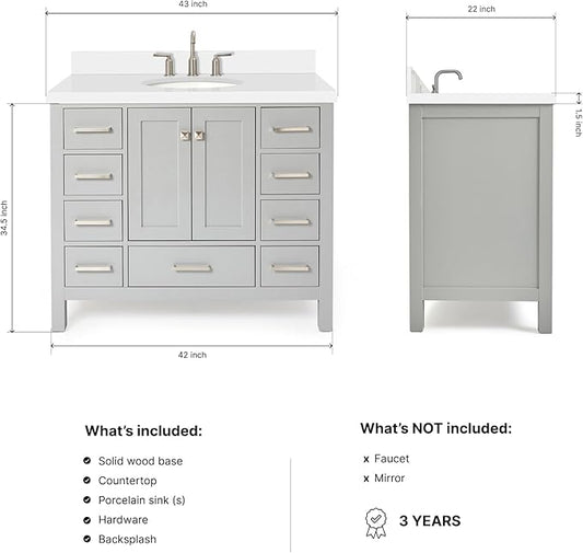 ARIEL Cambridge 42-inch Bathroom Vanity with Sink,Solid Wood, 1.5-inch Pure White Quartz Countertop & Backsplash, Single Oval Porcelain Sink, 2 Soft Closing Doors, 9 Dovetail Drawers, Grey