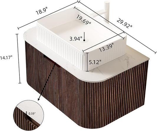 Yayzy 36" Floating Bathroom Vanity with Sink, Solid Wood Fluted Cabinet, White Fluted Square Ceramic Basin & Faux Marble Top, Soft-Close Drawer, Pre-Assembled, Walnut Woodgrain