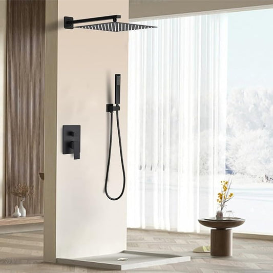 Matte Black Shower System 16 Inch Bathroom Luxury Rain Mixer Shower Combo Set Wall Mounted Rainfall Shower Head and Handheld System Shower Faucet Set Rough-in Valve Body and Trim Kit