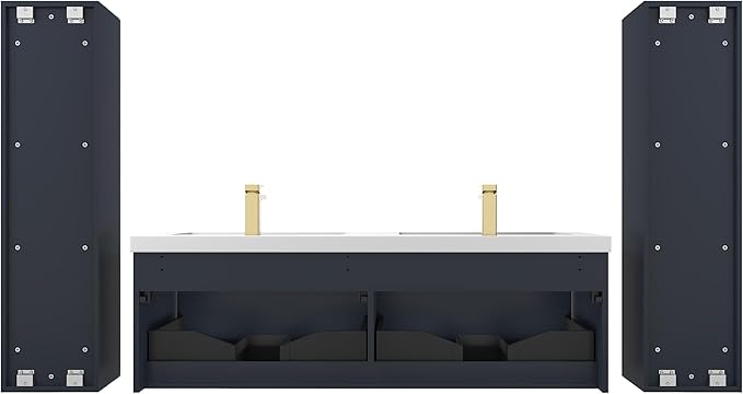 Blossom 60 Inch Double Sink Bathroom Vanity with Side Cabinets, All Wood Wall Mounted Floating Bathroom Vanity Cabinet with Acrylic Sinks, Soft-Close Drawers, Bathroom Vanities, Night Blue