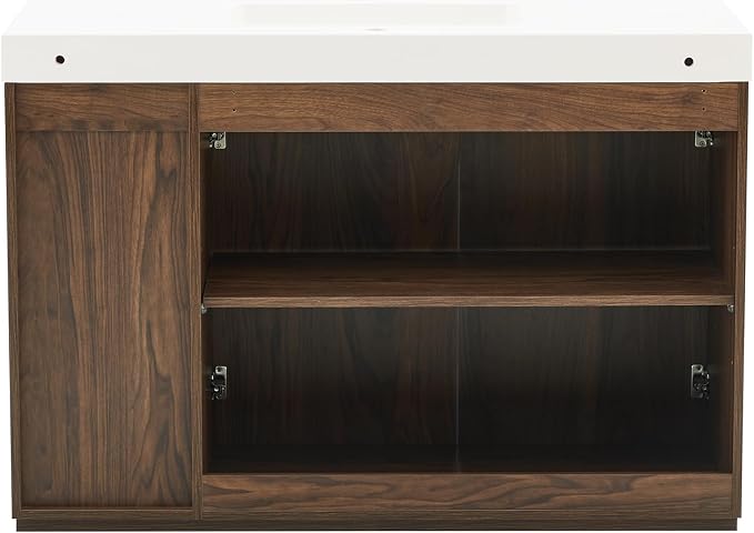 48" Bathroom Vanity with Sink, Modern Fluted Bathroom Vanity Cabinet with White Engineered Stone Sink & Open Side Storage, Soft-Closing Doors with Adjustable Shelf, Walnut