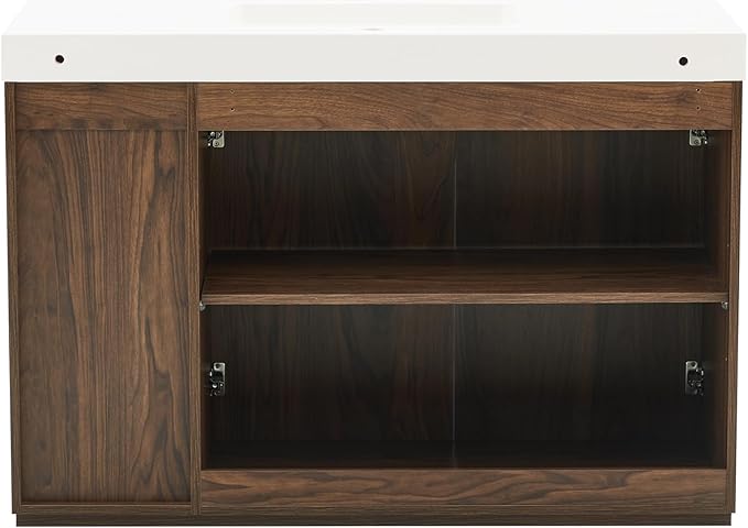 48" Bathroom Vanity with Sink, Freestanding Single Sink Bathroom Vanity with White Engineered Stone Top & Open Side Storage, Soft-Closing Doors with Adjustable Shelf, Walnut