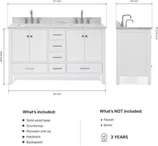 ARIEL Cambridge 60-inch Bathroom Vanity with Sink,Solid Wood, 0.75-inch Italian Carrara Marble Countertop, Double Rectangular Porcelain Sink, 4 Soft Closing Doors, 6 Dovetail Drawers, White
