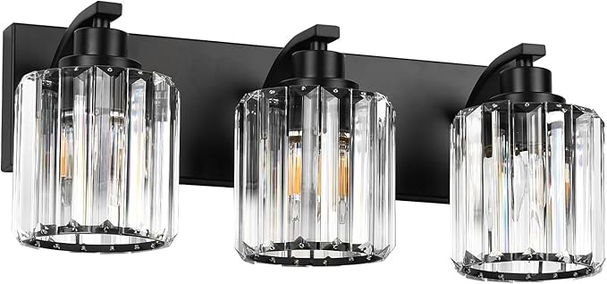 3 Lights Crystal Bathroom Vanity Light Modern Black Bathroom Light Fixture Over Mirror Vanity Lights for Bedroom,Restroom,Hallway E26 Base