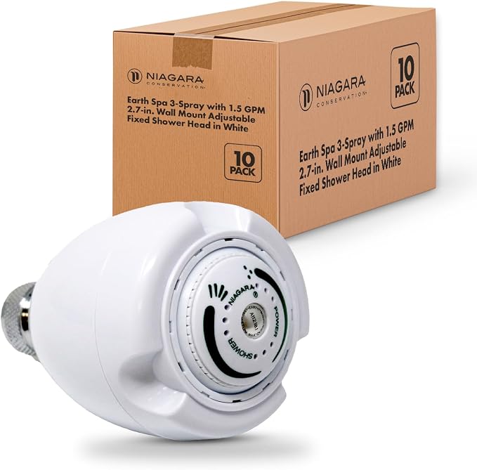 Niagara Conservation N2915N Earth Spa 3-Spray with 1.5 GPM 2.7-in. Wall Mount Adjustable Fixed Shower Head in White, 10-Pack | Bathroom Shower Head Sprayer with Pressure Compensation Technology
